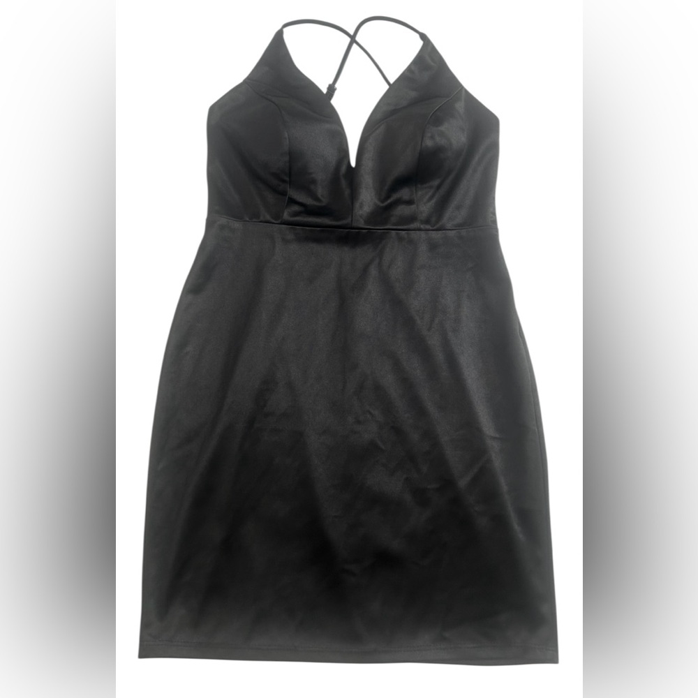 JUMP APPAREL Black Satin-Like Sheath Dress Deep V Neck Size 7 / 8